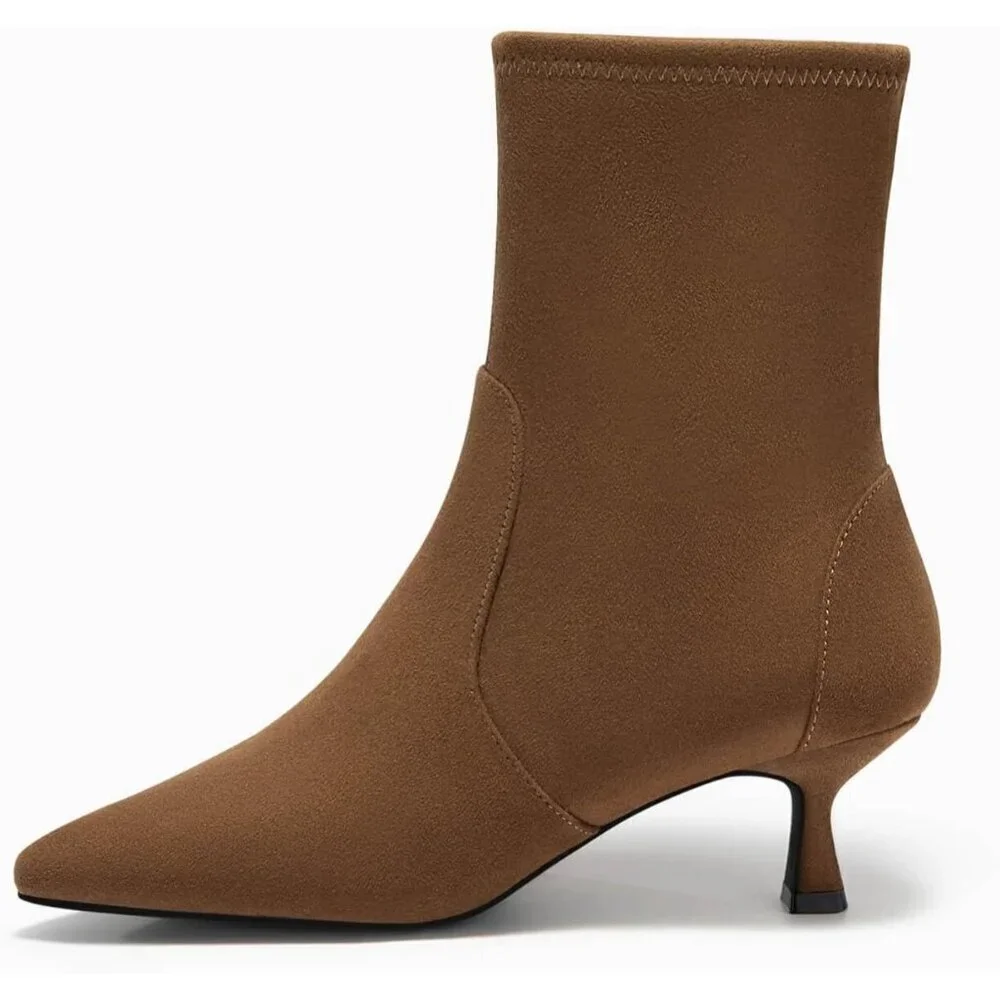 Women's Dark Brown Low Kitten Heel Ankle Shoes Pointed Toe Side Zipper Fall Boot
